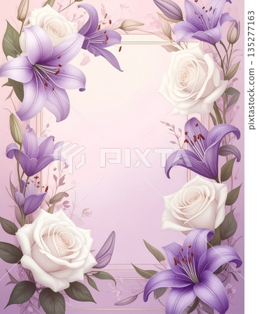 Seamless floral pattern design featuring a nature background of pink rose blossoms and purple tulip petals with spring leaf illustrations in a beautiful blooming bouquet frame Seamless floral pattern design featuring a nature background of pink rose blossoms and purple tulip petals with spring leaf illustrations in a beautiful blooming bouquet frame 135277163