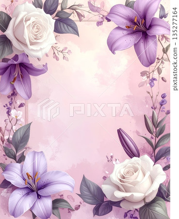 Seamless floral pattern design featuring a nature background of pink rose blossoms and purple tulip petals with spring leaf illustrations in a beautiful blooming bouquet frame Seamless floral pattern design featuring a nature background of pink rose blossoms and purple tulip petals with spring leaf illustrations in a beautiful blooming bouquet frame 135277164