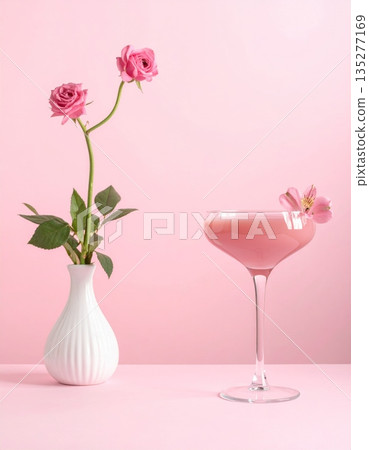 A delicate pink rose and petals in a glass cup create a sweet spring decoration for a wedding celebration or spa table 135277169