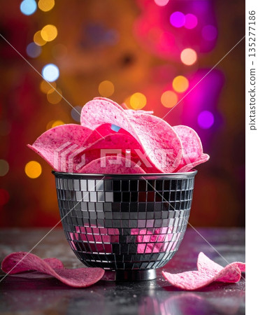 Delicious frozen pink rose petals and fresh strawberries on sweet dairy ice cream in a white glass cup isolated on a snack table 135277186