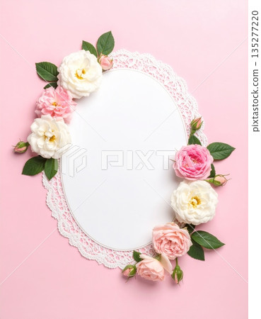 Elegant vintage floral border design featuring a pink rose flower bouquet with pearls and green leaf accents for a romantic wedding or Valentine Day heart card illustration Elegant vintage floral border design featuring a pink rose flower bouquet with pearls and green leaf accents for a romantic wedding or Valentine Day heart card illustration 135277220
