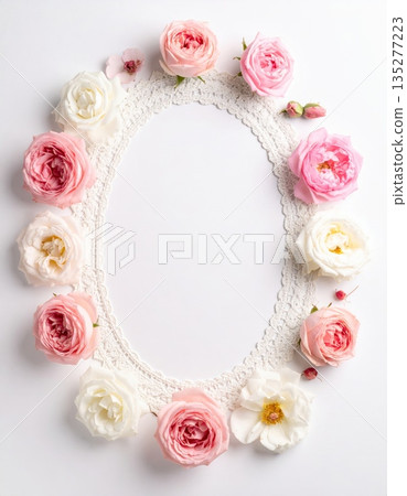 Elegant vintage floral border design featuring a pink rose flower bouquet with pearls and green leaf accents for a romantic wedding or Valentine Day heart card illustration 135277223