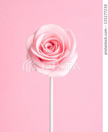 A beautiful pink rose blossom isolated on a white background with sweet heart lollipops and candy makes a romantic floral gift for a Valentine's Day holiday bouquet A beautiful pink rose blossom isolated on a white background with sweet heart lollipops and candy makes a romantic floral gift for a Valentine's Day holiday bouquet 135277238