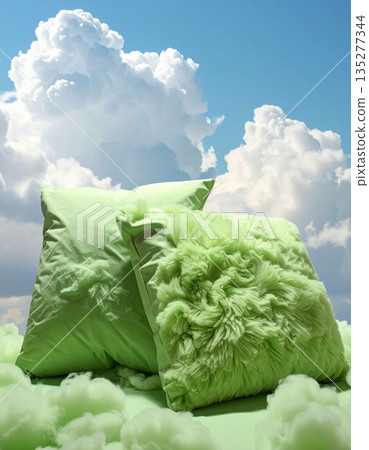 A soft pink silk cushion with a vintage cotton textile pattern rests comfortably on the beach, grass, and sky as a colorful fabric decoration 135277344