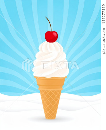 Delicious scoop of pink cherry ice cream in a wafer cone with a sweet frozen strawberry and chocolate drizzle makes a cold summer dessert illustration isolated on white Delicious scoop of pink cherry ice cream in a wafer cone with a sweet frozen strawberry and chocolate drizzle makes a cold summer dessert illustration isolated on white 135277359