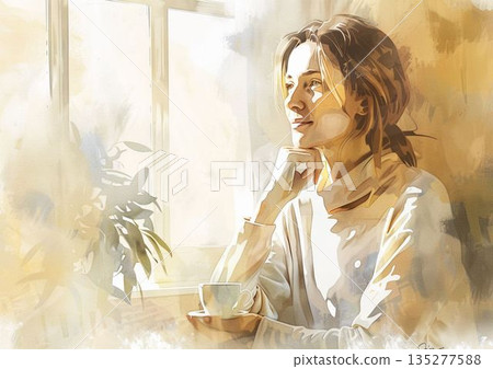 一位四五十歲到六十多歲的女性獨自一人放鬆地喝茶 一位四五十歲到六十多歲的女性獨自一人放鬆地喝茶 135277588