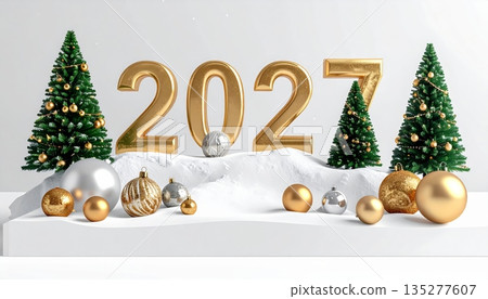 Celebrate the winter holiday season with a festive Christmas and New Year card featuring a decorated green fir tree branch adorned with gold bauble ornaments and gift boxes for a creative design 2027 Celebrate the winter holiday season with a festive Christmas and New Year card featuring a decorated green fir tree branch adorned with gold bauble ornaments and gift boxes for a creative design 2027 135277607