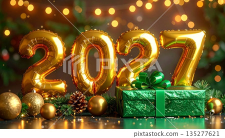 A festive Christmas celebration features a green fir tree branch adorned with a gold bauble ornament and a holiday gift box for the winter season 2027 135277621