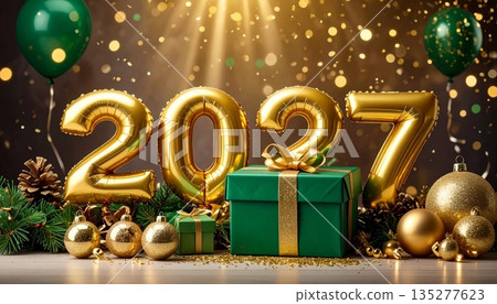 A festive Christmas celebration features a green fir tree branch adorned with a gold bauble ornament and a holiday gift box for the winter season 2027 A festive Christmas celebration features a green fir tree branch adorned with a gold bauble ornament and a holiday gift box for the winter season 2027 135277623