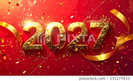 3d illustration of a happy new year 2027 celebration sign with gold text on a red holiday card symbol for a winter christmas sale 135277633