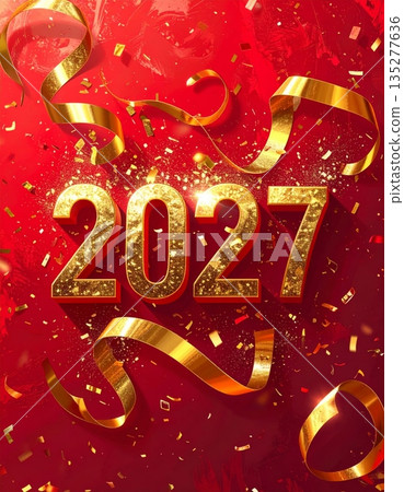 3d illustration of a happy new year 2027 celebration sign with gold text on a red holiday card symbol for a winter christmas sale 3d illustration of a happy new year 2027 celebration sign with gold text on a red holiday card symbol for a winter christmas sale 135277636
