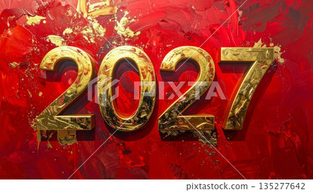 3d illustration of a happy new year 2027 celebration sign with gold text on a red holiday card symbol for a winter christmas sale 135277642
