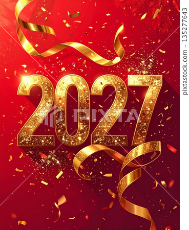 3d illustration of a happy new year 2027 celebration sign with gold text on a red holiday card symbol for a winter christmas sale 3d illustration of a happy new year 2027 celebration sign with gold text on a red holiday card symbol for a winter christmas sale 135277643