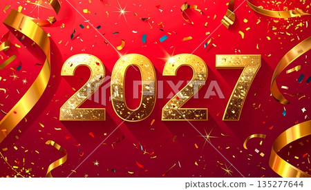 3d illustration of a happy new year 2027 celebration sign with gold text on a red holiday card symbol for a winter christmas sale 135277644