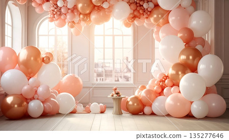 Luxury pink and white easter eggs and shiny balloons create a festive party decoration pattern featuring glass beads and pearls for a light and elegant holiday celebration design Luxury pink and white easter eggs and shiny balloons create a festive party decoration pattern featuring glass beads and pearls for a light and elegant holiday celebration design 135277646