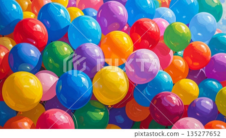 A vibrant close up of colorful round candy and chocolate treats mixed with fun party balloons in a bright playground of red, yellow, and green for a festive holiday celebration A vibrant close up of colorful round candy and chocolate treats mixed with fun party balloons in a bright playground of red, yellow, and green for a festive holiday celebration 135277652