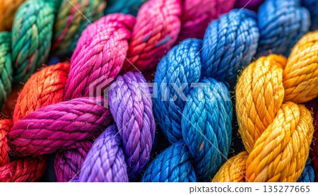 Macro close-up of colorful twisted rope and wool yarn fibers featuring a detailed craft texture of knitted cord and string knots Macro close-up of colorful twisted rope and wool yarn fibers featuring a detailed craft texture of knitted cord and string knots 135277665