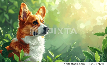 A happy young domestic Corgi pet with white and brown fur sits on the green grass showing its tongue in a cute portrait of a loyal canine animal friend 135277691