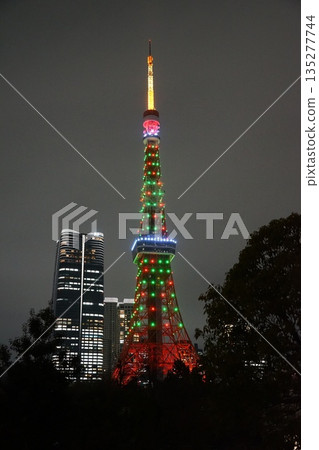 Christmas tree-colored Tokyo Tower and Prince Shiba Park, December, Minato Ward 2389 135277744