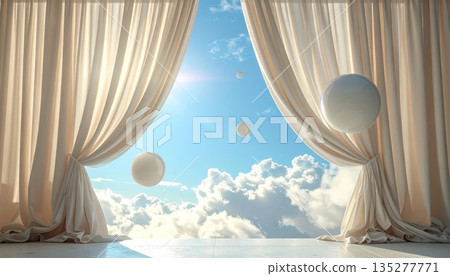 Red velvet theater curtains frame a scenic window view of the summer beach with a bright sun over the ocean sand Red velvet theater curtains frame a scenic window view of the summer beach with a bright sun over the ocean sand 135277771