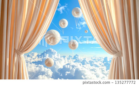 Red velvet theater curtains frame a scenic window view of the summer beach with a bright sun over the ocean sand Red velvet theater curtains frame a scenic window view of the summer beach with a bright sun over the ocean sand 135277772