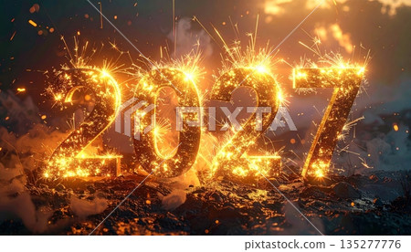 Hot burning text design featuring a new year 2027 symbol with orange flames and heat light on a black background illustration for a happy holiday celebration sale Hot burning text design featuring a new year 2027 symbol with orange flames and heat light on a black background illustration for a happy holiday celebration sale 135277776