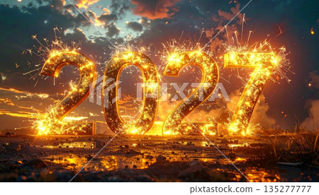 Hot burning text design featuring a new year 2027 symbol with orange flames and heat light on a black background illustration for a happy holiday celebration sale Hot burning text design featuring a new year 2027 symbol with orange flames and heat light on a black background illustration for a happy holiday celebration sale 135277777
