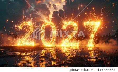 Hot burning text design featuring a new year 2027 symbol with orange flames and heat light on a black background illustration for a happy holiday celebration sale 135277778