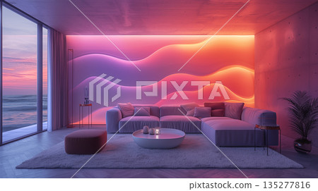 Modern living room with vibrant LED wall lighting and ocean view at sunset. Concept of luxurious interior design, ambient lighting, and coastal living. Modern living room with vibrant LED wall lighting and ocean view at sunset. Concept of luxurious interior design, ambient lighting, and coastal living. 135277816