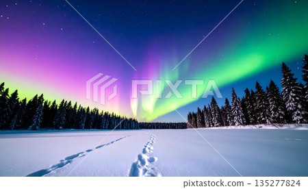 Winter aurora and snowy fields 135277824