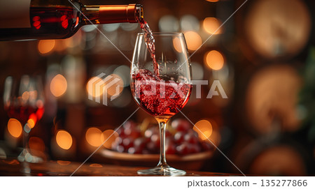 Red wine poured into glass with blurred bokeh background in restaurant setting. Concept of fine dining, celebration, and wine tasting experience. 135277866