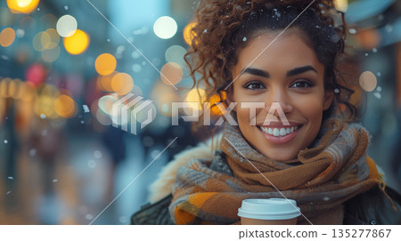 Radiant young woman with curly hair smiling outdoors in winter, holding coffee cup amid city lights. Concept of urban lifestyle, happiness, and cold weather enjoyment. Radiant young woman with curly hair smiling outdoors in winter, holding coffee cup amid city lights. Concept of urban lifestyle, happiness, and cold weather enjoyment. 135277867