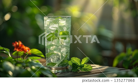 Refreshing mojito cocktail with mint leaves and ice cubes in a garden setting. Concept of summer refreshment and relaxation. 135277868