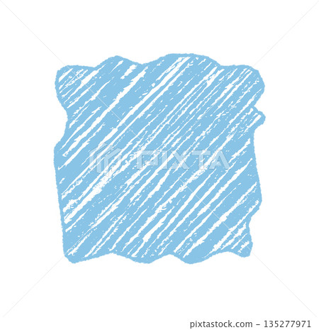 Blue crayon squiggle square sketch background forms an organic patch with rough border and frame. Diagonal rectangle area with subtle texture gives space for text or graphic element. 135277971