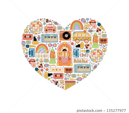 Groovy retro heart with music style, sticker concept and colorful cartoon cassette, boombox, rainbow and flower. Pop background for y2k theme, perfect for trendy fun modern design. 135277977