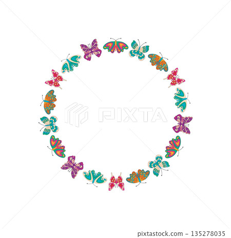 Groovy y2k butterfly border frame in colorful pattern. Funky circle motif forms vibrant retro graphic in abstract style. Modern layout element for trendy and artistic visual projects. Groovy y2k butterfly border frame in colorful pattern. Funky circle motif forms vibrant retro graphic in abstract style. Modern layout element for trendy and artistic visual projects. 135278035