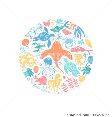 Underwater cartoon concept with marine creatures. Circle design featuring fish, turtle, reef, and ocean life. Vibrant sea concept with aquatic animals in a round layout, perfect for summer themes or Underwater cartoon concept with marine creatures. Circle design featuring fish, turtle, reef, and ocean life. Vibrant sea concept with aquatic animals in a round layout, perfect for summer themes or 135278046