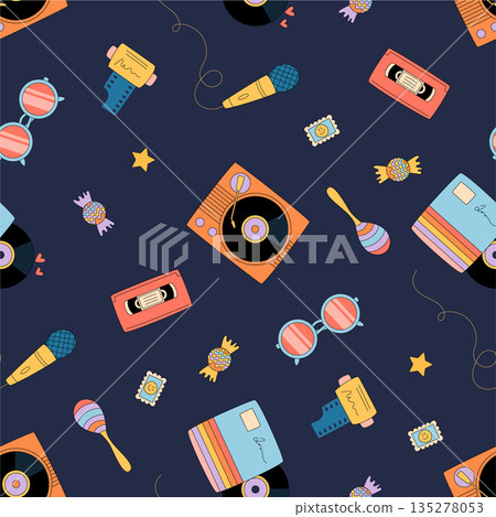 Groovy seamless retro music pattern with colorful cassette, record and disk on dark background. Y2k player, microphone and dance party style in abstract layout, playful aesthetic, wallpaper or Groovy seamless retro music pattern with colorful cassette, record and disk on dark background. Y2k player, microphone and dance party style in abstract layout, playful aesthetic, wallpaper or 135278053