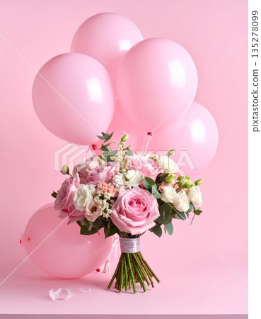A beautiful bouquet of pink roses and white blossoms creates a romantic floral arrangement in a vase, making it a perfect gift for Valentine's Day or a wedding A beautiful bouquet of pink roses and white blossoms creates a romantic floral arrangement in a vase, making it a perfect gift for Valentine's Day or a wedding 135278099