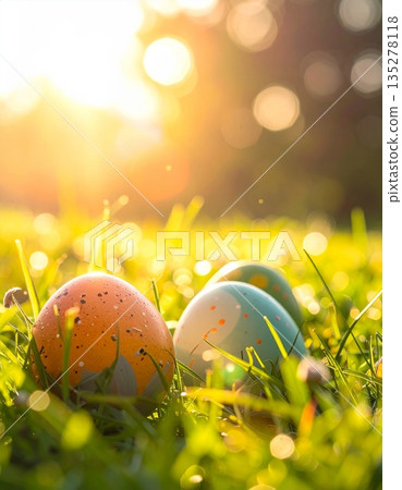 A colorful Easter egg decoration sits nestled in the green grass of a sunny spring meadow under a clear blue sky to celebrate the holiday season in nature A colorful Easter egg decoration sits nestled in the green grass of a sunny spring meadow under a clear blue sky to celebrate the holiday season in nature 135278118