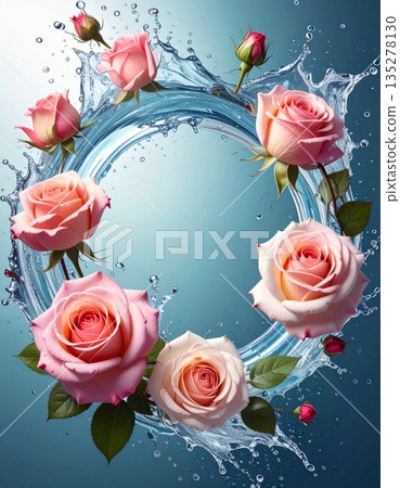 A vintage floral wedding card design featuring a bouquet of red roses with water drops on the petals and a heart border frame for a Valentine Day decoration A vintage floral wedding card design featuring a bouquet of red roses with water drops on the petals and a heart border frame for a Valentine Day decoration 135278130