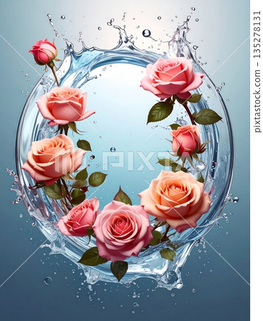 A vintage floral wedding card design featuring a bouquet of red roses with water drops on the petals and a heart border frame for a Valentine Day decoration 135278131
