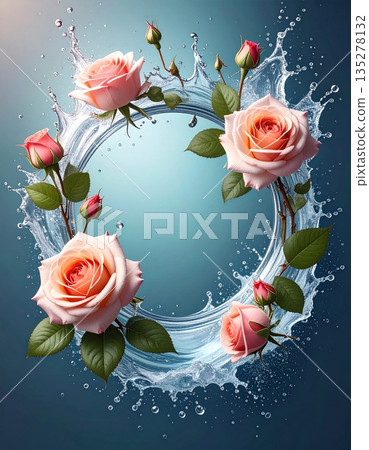 A vintage floral wedding card design featuring a bouquet of red roses with water drops on the petals and a heart border frame for a Valentine Day decoration A vintage floral wedding card design featuring a bouquet of red roses with water drops on the petals and a heart border frame for a Valentine Day decoration 135278132
