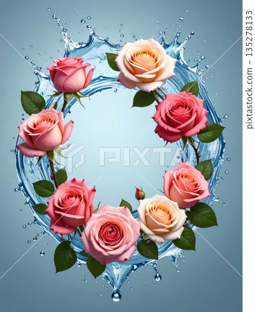 A vintage floral wedding card design featuring a bouquet of red roses with water drops on the petals and a heart border frame for a Valentine Day decoration A vintage floral wedding card design featuring a bouquet of red roses with water drops on the petals and a heart border frame for a Valentine Day decoration 135278133