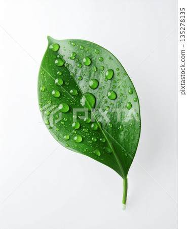 Fresh green leaf covered in sparkling morning dew drops captures the essence of nature and spring flora in a macro garden environment Fresh green leaf covered in sparkling morning dew drops captures the essence of nature and spring flora in a macro garden environment 135278135