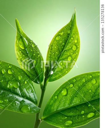 Fresh green leaf covered in sparkling morning dew drops captures the essence of nature and spring flora in a macro garden environment Fresh green leaf covered in sparkling morning dew drops captures the essence of nature and spring flora in a macro garden environment 135278136