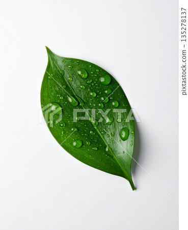 Fresh green leaf covered in sparkling morning dew drops captures the essence of nature and spring flora in a macro garden environment Fresh green leaf covered in sparkling morning dew drops captures the essence of nature and spring flora in a macro garden environment 135278137
