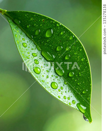 Fresh green leaf covered in sparkling morning dew drops captures the essence of nature and spring flora in a macro garden environment Fresh green leaf covered in sparkling morning dew drops captures the essence of nature and spring flora in a macro garden environment 135278138