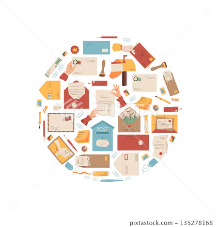 Mail letter concept, circle flat doodle style. Envelope, stamp, handwritten paper with postcard. Post message, creative correspondence theme, icon round design, stationery background, modern Mail letter concept, circle flat doodle style. Envelope, stamp, handwritten paper with postcard. Post message, creative correspondence theme, icon round design, stationery background, modern 135278168