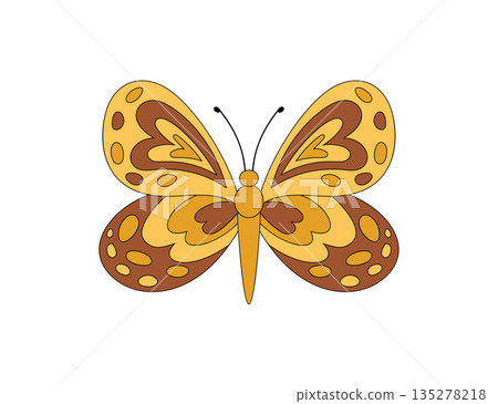 Groovy retro butterfly sticker and patch with funky y2k vibe looks cute in orange and yellow. Playful graphic as a groovy element for modern decor or trendy design accents, stylish for vintage 135278218